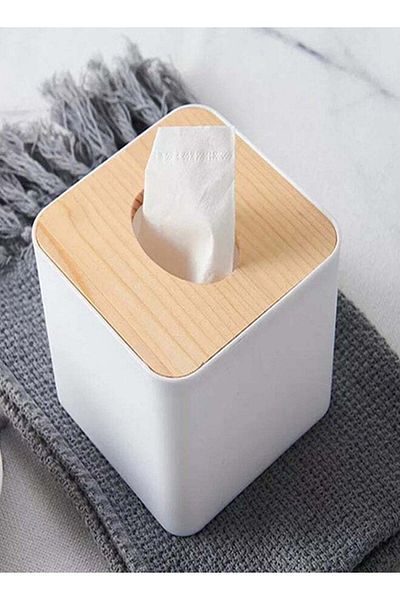 Raffine Plastic Square Shape Facial Tissue Box With Bamboo Cover White 11x11x8.3cm