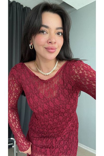 AlisaSu Women's Burgundy Lined Lace Long Sleeve Dress