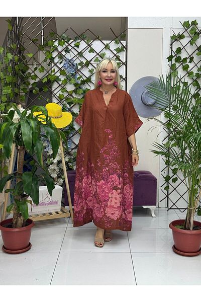 Punta Otantik Yg205050 Italian V-Neck Floral Linen Dress Cinnamon