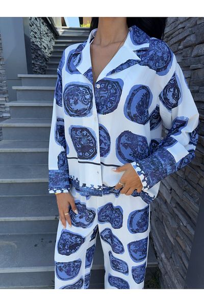 Julidress Blue White Patterned Shirt Pants Bottom Top Premium Satin Suit