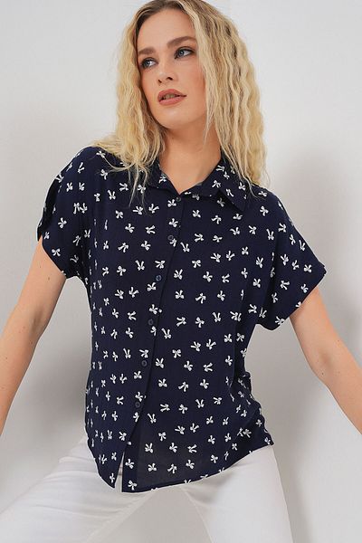 Bigdart Women's Short Sleeve Patterned Shirt 20310 - Navy Blue