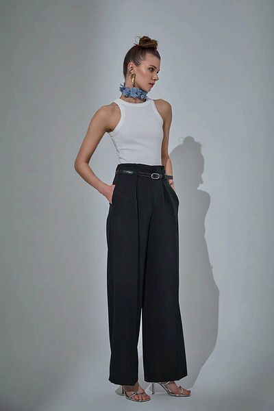 Quzu Belt Detailed Black Women's Trousers 71262
