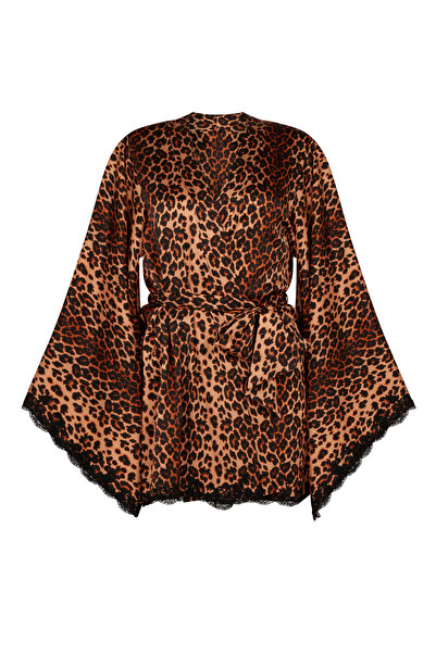 Agent Provocateur Molly Kimono Leo Black Leopard Print Silk Satin with French Lace Detail Timeless Classic