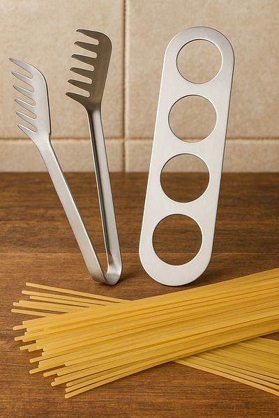 eryahome Stainless Steel Spaghetti Tongs + Measuring Apparatus Set |   Pasta Portioner & Serving Tongs
