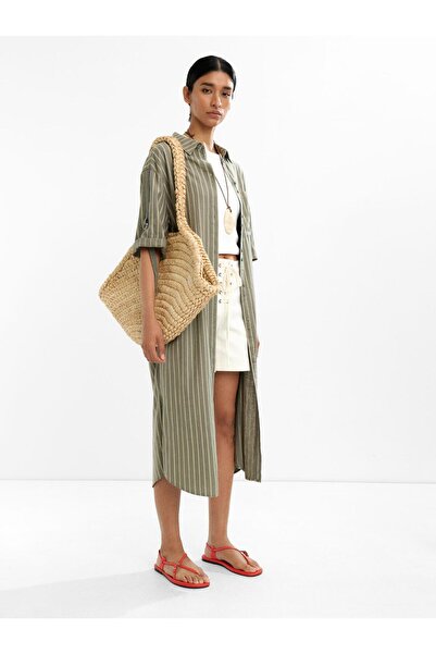 PARFOIS Çizgili Keten Karışımlı Gömlek Elbise