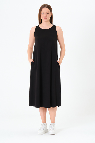 Sortie Collection Women's Flared, Strap, Midi Length, Crew Neck, Double Pocket, Solid Color, Modal Fabric Black Dress
