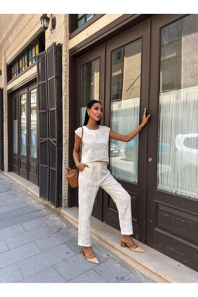 Julidress Embroidered Crop Pants Bottom Top Premium Cotton Linen Set