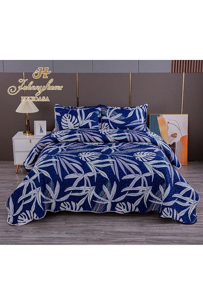 FIONNA.RO 2-Sided Quilted Cotton Duvet Cover - Royal Blue With Leaves