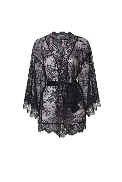 Agent Provocateur Daniela Siyah Kimono - Lüks Fransız Leavers Dantelli, Geniş Kollu Kadın Sabahlık