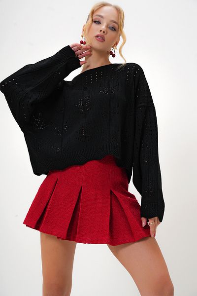 VAGGON Crew Neck Bias Patterned Crop Knit Sweater