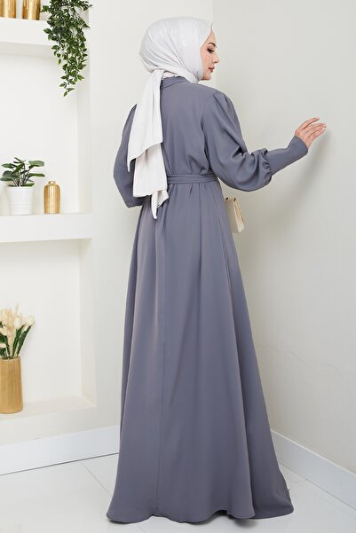 InStyle Balloon Sleeve Plain Model Gray Dress