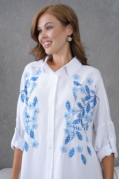 MVStore Embroidered Stone Linen Oversize Shirt Tunic