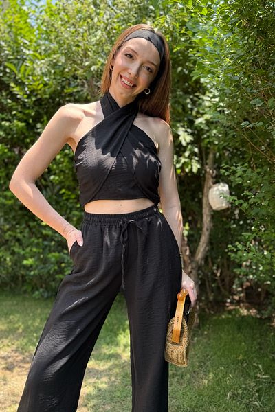 ereskiga Black Linen Halter Neck Suit
