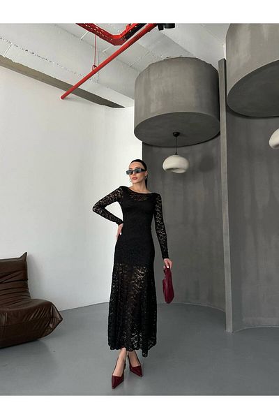 AlisaSu Women's Black Lined Lace Long Sleeve Dress