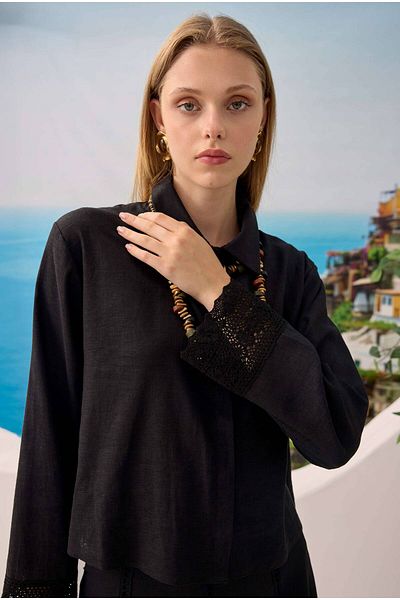 HEQA Lace Linen Skirt Suit Black