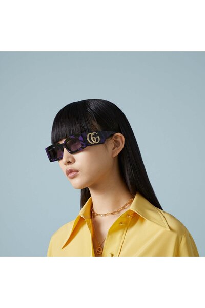 Gucci Gg1425S 003 53-21 Women's Gray Matte Glass Purple Acetate Rectangular S...