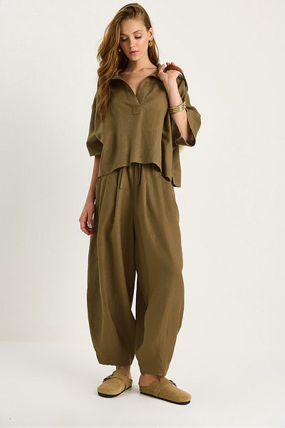 Bianco Lucci Women's V-Neck Bat Sleeve Blouse Elastic Waist Pocket Detailed Balloon Trousers Linen Suit 3456 60283473