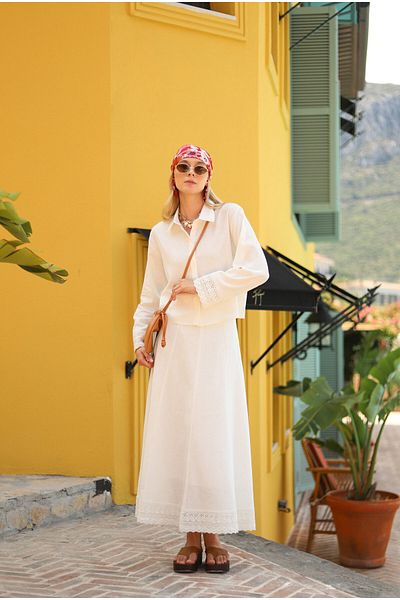 HEQA Lace Linen Skirt Suit Ecru