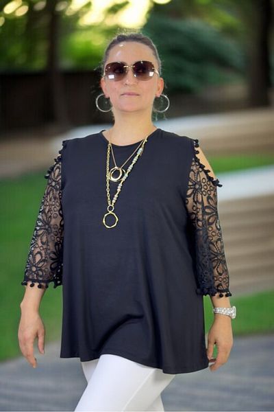 yagmurberen Window Detail Sleeves Lace Cycling Collar Plus Size Bluz Black