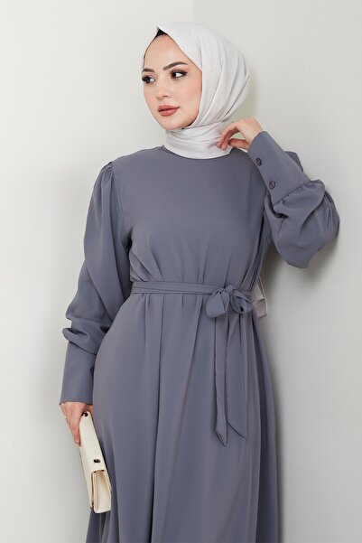 InStyle Balloon Sleeve Plain Model Gray Dress
