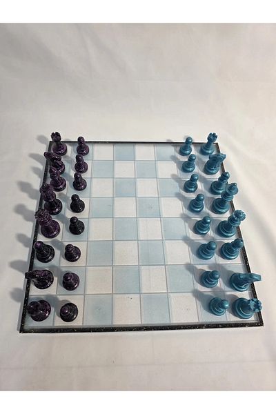 Finecraft Handmade Epoxy Resin Chessboard – Semi-Transparent Blue/Black Border with Gold Foil