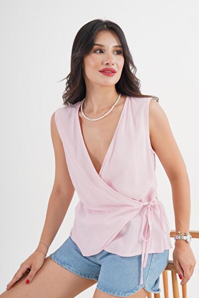 Hipo Trend Ροζ μπλούζα διπλό πέτο κοψίματος με λεπτομέρεια με κορδόνια που πε...