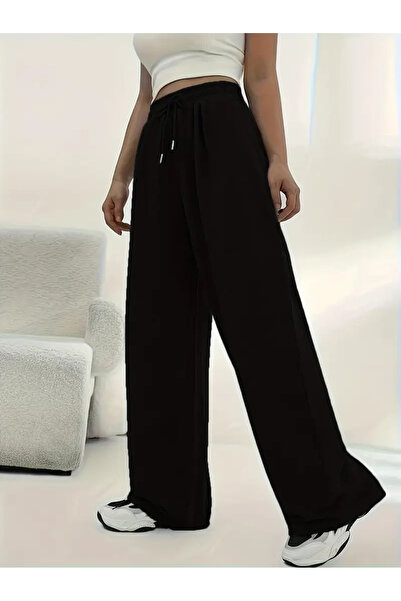 LOSSİA Γυναικείο μαύρο φαρδύ παντελόνι φόρμας μεγάλου μεγέθους, υψηλής ποιότη...