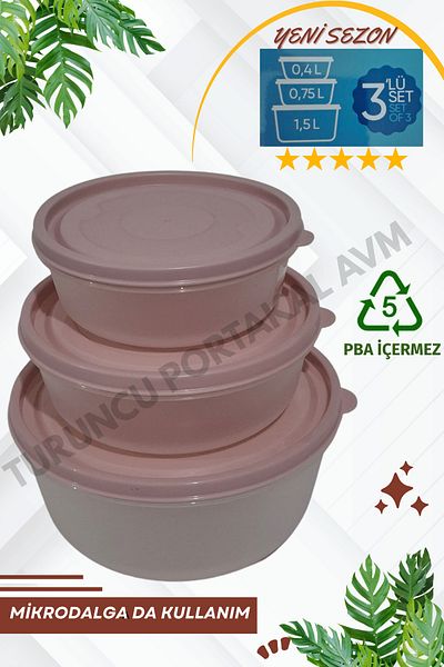Turuncu Portakal Storage Container with Lid Suitable for Microwave and Deep Freezer (Set of 3) Kitchen Organizer Round Organizer