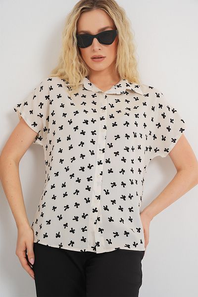 Bigdart Women's Short Sleeve Patterned Shirt 20310 - Cream