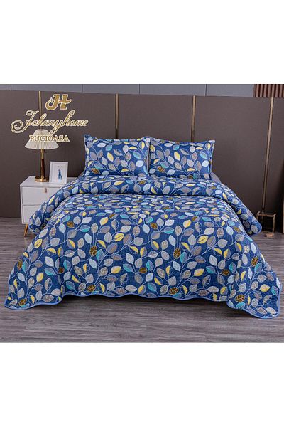FIONNA.RO 2-Sided Quilted Cotton Blanket - Blue With Leaves