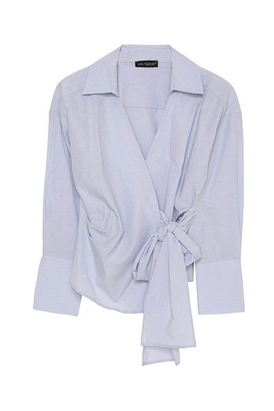 Quzu Lacing Detailed Double Breasted Blue Women's Blouse Blz00130