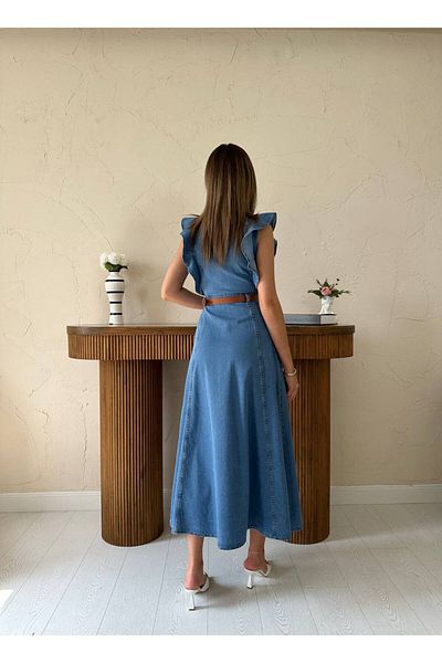 369 etnik butik Ruffle Detailed Sleeveless Buttoned Denim Dress - Blue