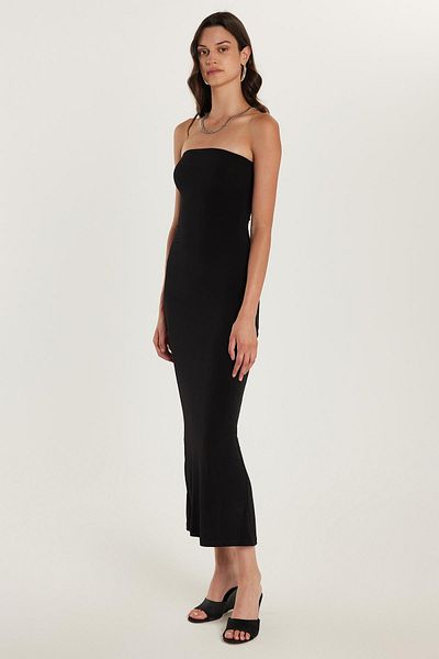 Tudors Women's Slim Fit Slim Fit Strapless Back Slit Detailed Black Midi Dress
