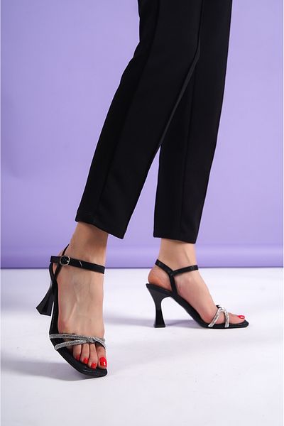 Hvz Elegant Comfortable Heeled Ankle Strap Sandals - Glitter Stone Evening Dress Evening Shoes