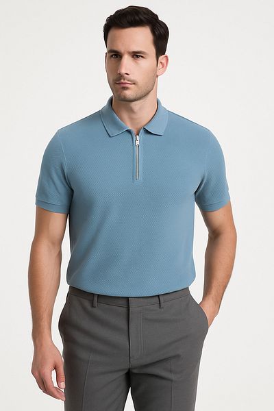 LACİVERTMEN Lacivertmen 2938 Aqua Piqué Lycra Honeycomb Single Jersey με υφή με φερμουάρ γιακά πόλο