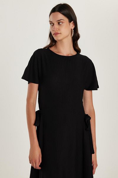 Tudors Women's Standard Fit Side Bow Tie Detail Short Sleeve Crew Neck Black Midi Length Dress
