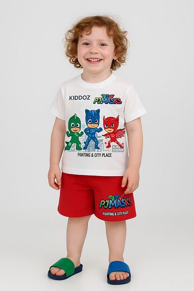 Uğur bebe Pijamaskeliler Pj Masks Printed Boy's Suit – Red Shorts, Summer Cotton Set of 2”
