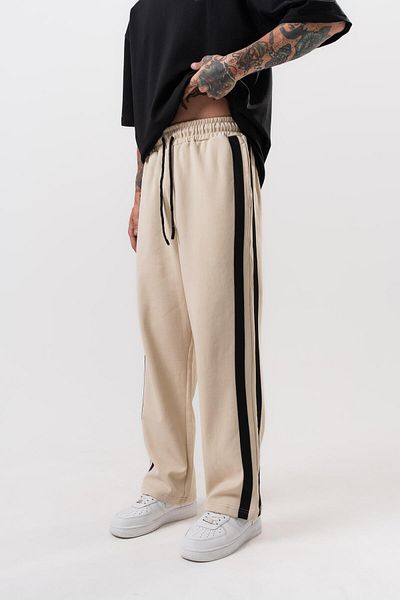 Respire Men's 2-Piece Stripe Detailed Interlock Baggy Sweatpants Beige