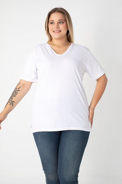Orly More Slit Cotton Women's V-Neck Plus Size T-Shirt