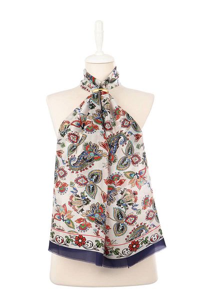Bursa İpek Navy Blue Shawl Pattern Voile Silk Scarf
