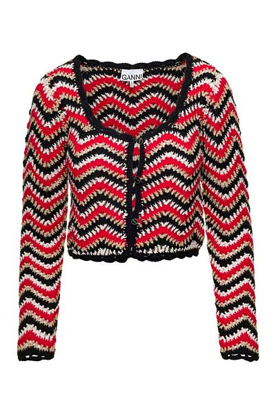 GANNI Red Crochet Cardigan In Cotton Woman