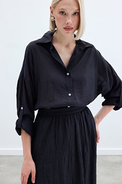 Sateen Kol Detaylı Salaş Gömlek - Antrasit