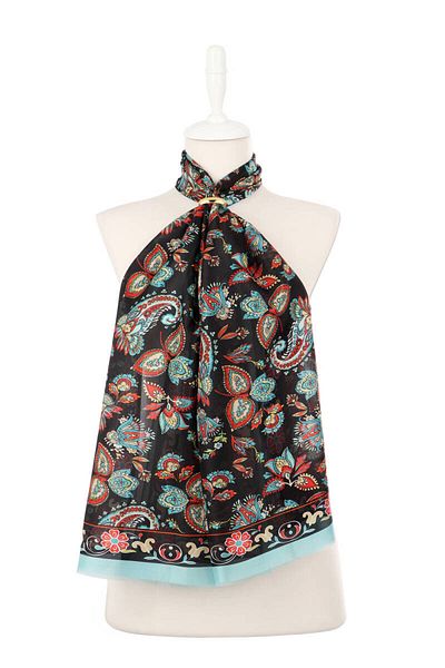 Bursa İpek Black Shawl Pattern Voile Silk Scarf