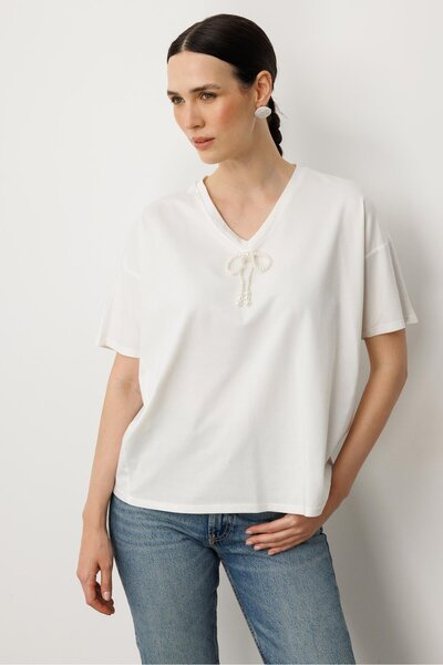 accort İnci Fiyonk Detay Tişört-KEMIK