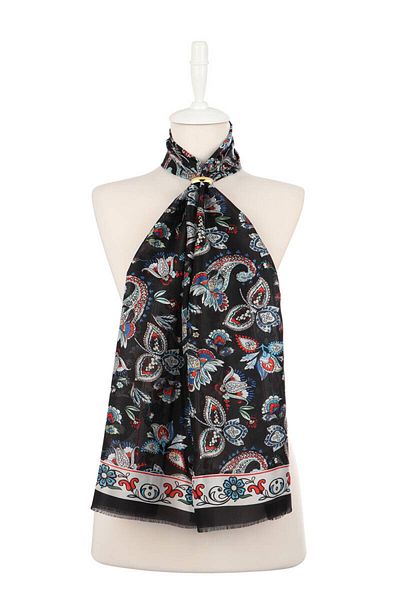 Bursa İpek Black Shawl Pattern Voile Silk Scarf