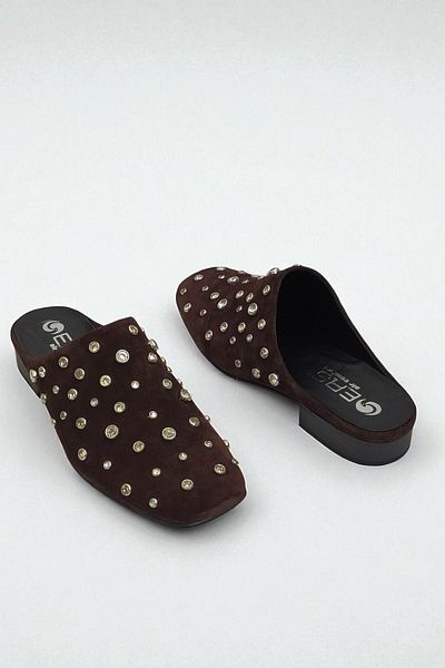ERS Air Comfort Women's Stone Detailed Brown Genuine Suede Leather Sabo Slippers - Comfortable and Stylish Design