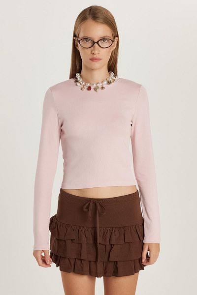 Tudors Women's Slim Fit Cotton Long Sleeve Solid Powder Color Crew Neck Blouse