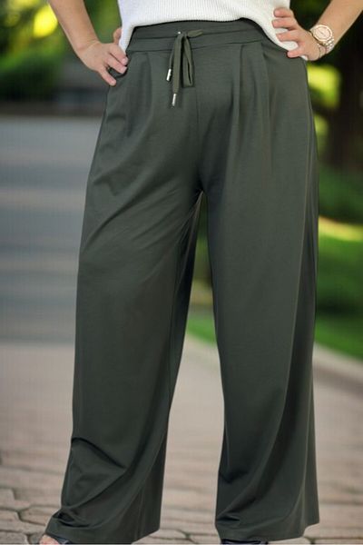 yagmurberen Ful Lycra Front Back Pleated Waist Elastic Wide Leg Large Size 2 Thread Combed Cotton Pants