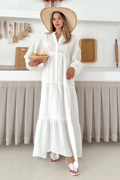 Olcay Bat Sleeve Button Detailed Muslin Casual Dress Ecru 9330-E