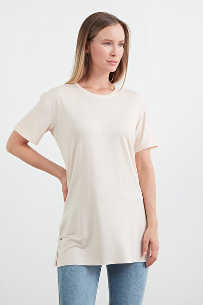 Fulla Moda Basic Crew Neck Lycra Casual T-Shirt με σκισίματα στα πλαϊνά